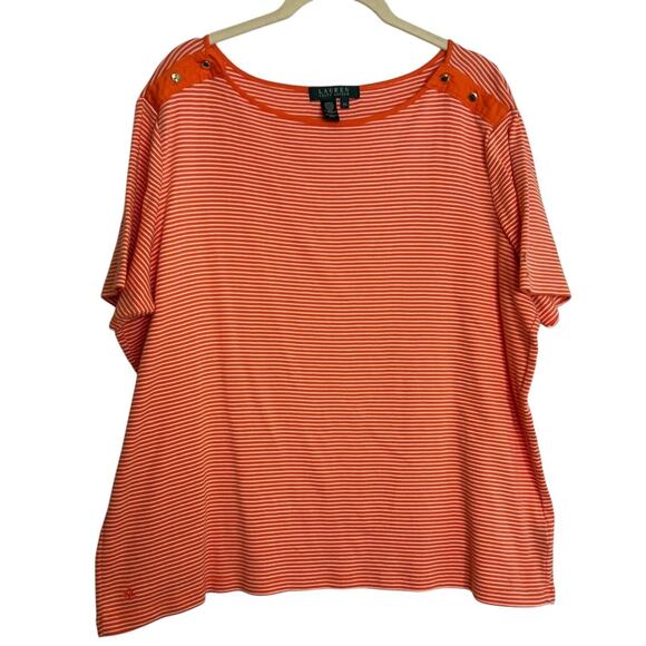 Lauren Ralph Lauren Womens 2X Orange White Stripe Cotton Tee Gold Button flaw - Picture 1 of 7